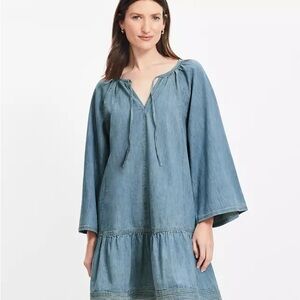 LOFT Chambray Tie Neck Mini Flounce Dress